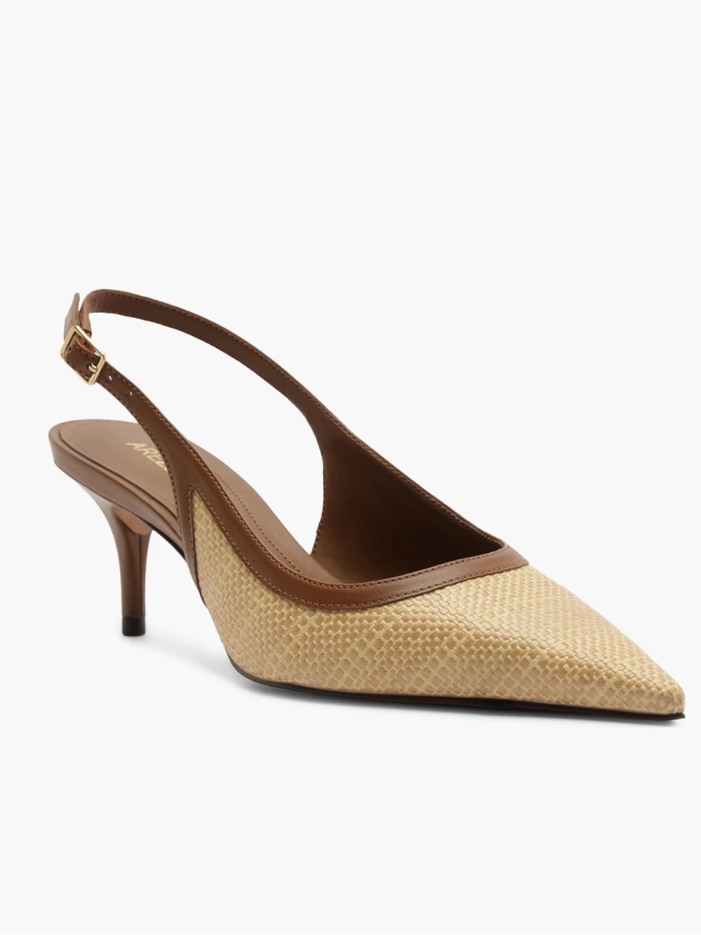 Arezzo Woven Pointed Slingback Kitten Heel in Beige and Brown